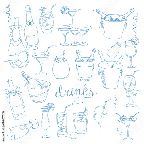 Hand-drawn sketch of various alcoholic drinks cocktail wine champagne glass bottle illustration line art beverage party celebration bar