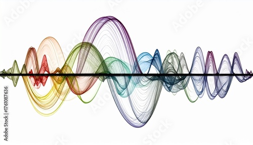 Multicolored waveform of overlapping sine waves plotted horizontally, illustrating dynamic signal interference and complexity.