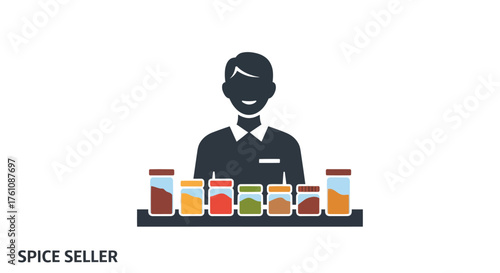 Silhouette of a spice seller standing behind a display of colorful spice jars.