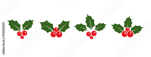 Holly berry icons set. Green and red Chritmas logo wirh holly berry. 