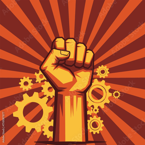 Fist and Gears Illustration cogwheel revolution labor industry power strength protest symbol vector graphic design background striped