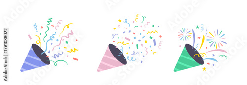 Party popper icons flat style. Party confetti celebration firework. Congratulations.