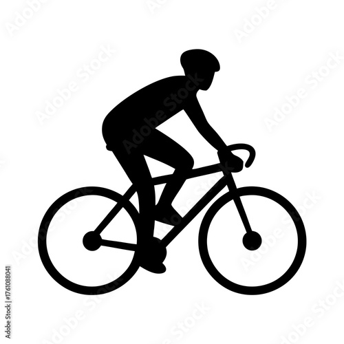 Black silhouette of a cyclist riding a racing bicycle with helmet on