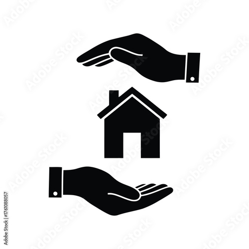 House in hands icon, home protection concept care insurance real estate security safety shelter support property mortgage loan
