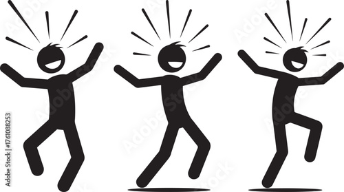 Three energetic stick figures celebrating with arms raised silhouette
