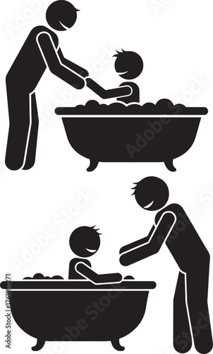 Parent bathing child in bathtub two distinct scenes silhouette