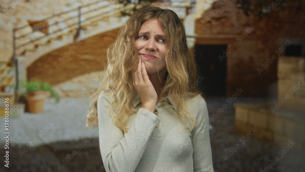 Fototapeta premium Portrait captures woman with tooth discomfort, grimacing against a stone courtyard wall as a blonde young subject senses pain, revealing tension on face, hand poised in a pained expression.