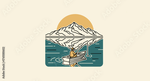 Kayaker exploring mountain lake at sunrise