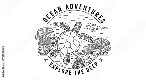 Sea Turtle with Coral Reef Ocean Adventure Illustration