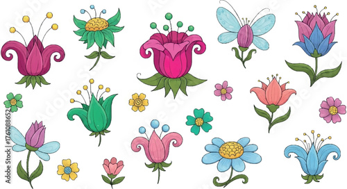 Create Fantasy flowers set. Whimsical quirky fancy blossoms, fairy dreamy blooms. Creative garden floral plants in fairytale fantastic style. Kids flat vector illustration isolated on white background