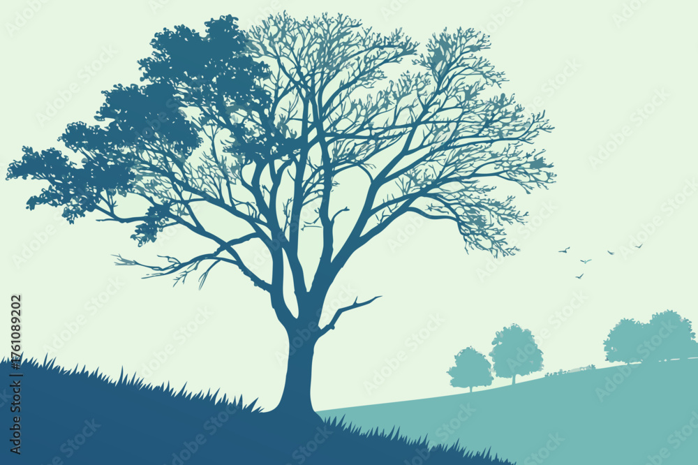 Fototapeta premium Half-Lush, Half-Bare Tree Silhouette Vector in Hilly Duotone Landscape