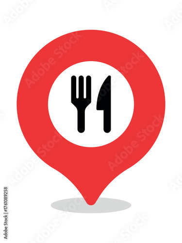 Red map pin icon with fork and knife symbol for restaurant and dining location signage