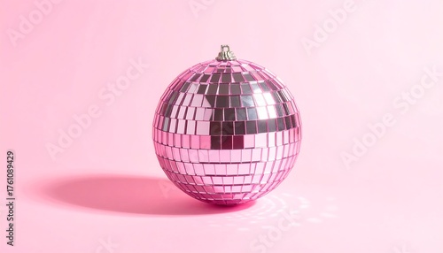 A shiny, pink, mirrored ball casts a shadow on a smooth pink surface