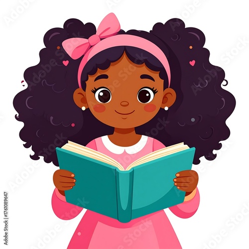 A smiling young girl, with curly hair, reads a book, wearing a pink dress