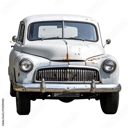 A weathered white classic car in front view, isolated on white