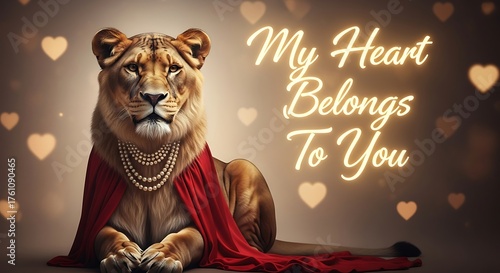 Majestic lioness adorned with pearls and red cape, hearts background