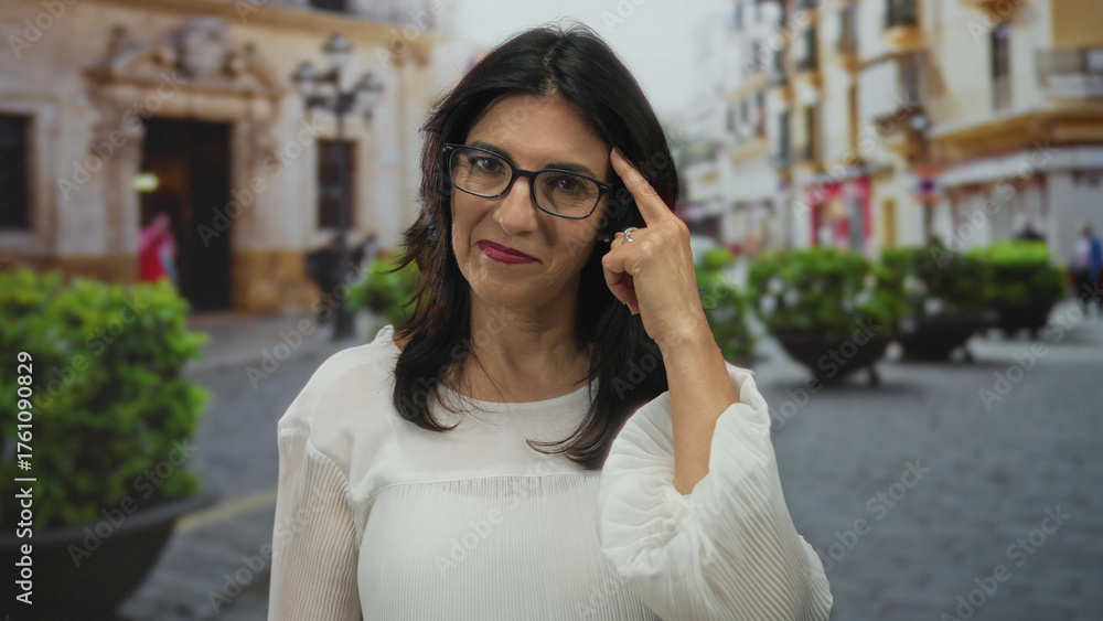 Fototapeta premium Woman wearing glasses and white blouse pointing finger to head on city street; thinking contemplation.