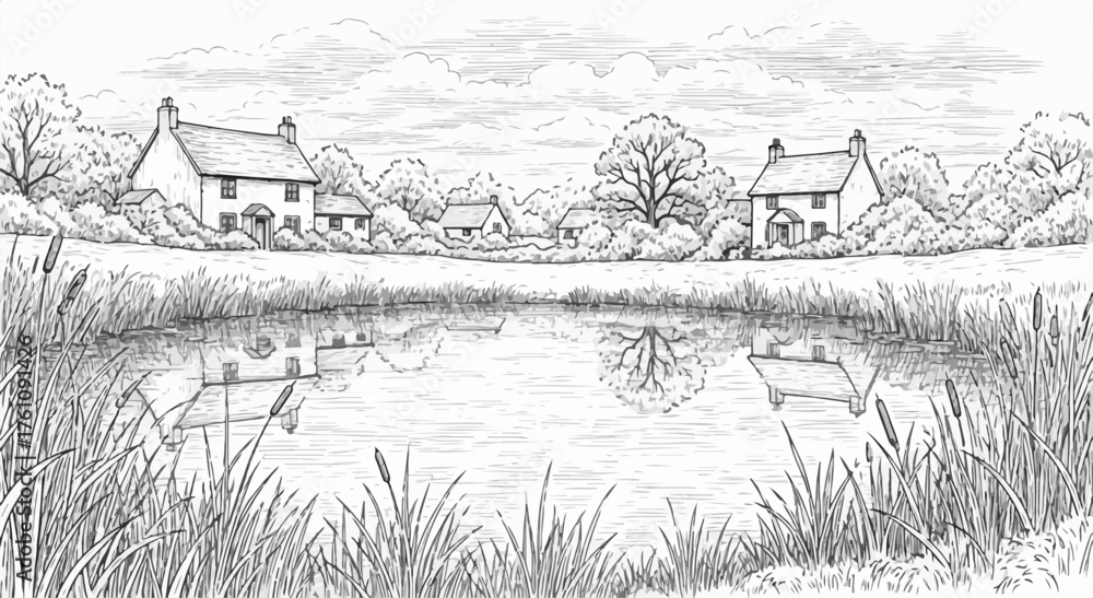 Fototapeta premium Peaceful Rural Landscape with Reflective Waters Sketch
