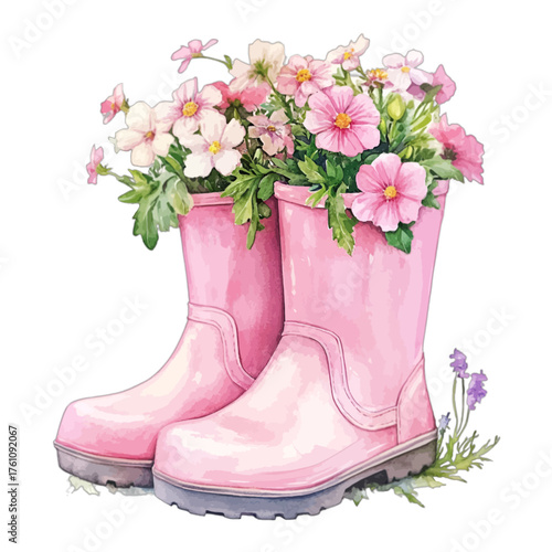 Charming Watercolor Rain Boots with Pink Wildflowers Clipart

