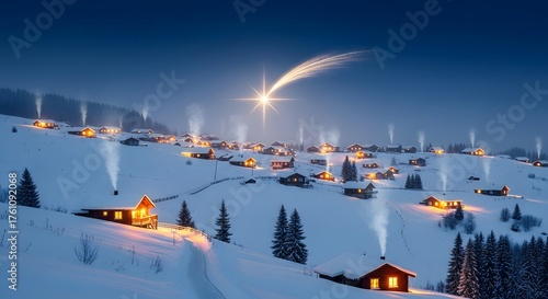 Magical winter night with glowing village and shooting star
