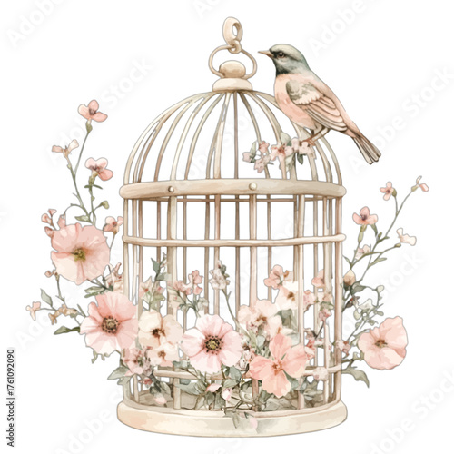 Elegant Watercolor Birdcage with Pink Flowers and Bird
