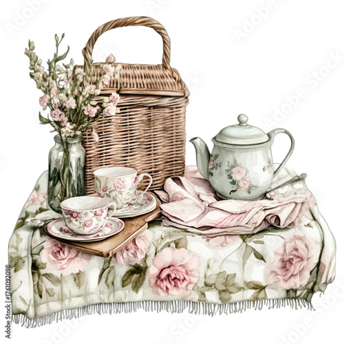 Elegant Watercolor Picnic Clipart: Vintage Tea Party Set
