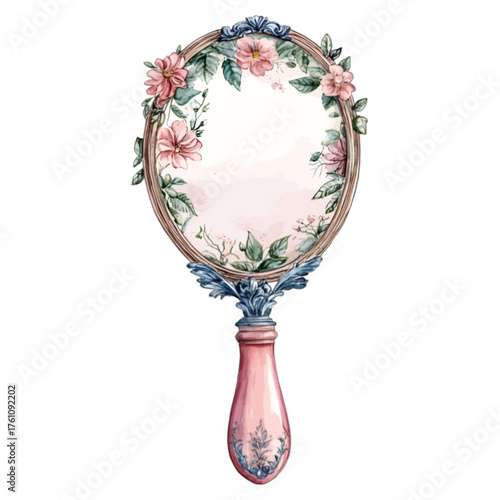 Elegant Watercolor Hand Mirror with Pink Roses and Floral Frame
