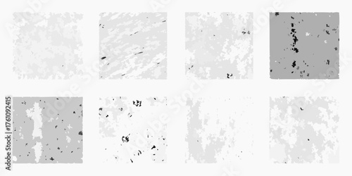 Collection of eight abstract grayscale textured backgrounds with a distressed and weathered appearance