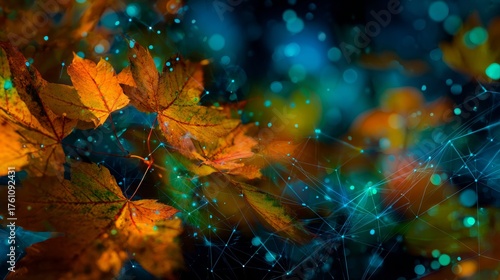 Autumn leaves embrace the spirit of halloween. Digital intelligence. A sea of glowing foliage basks in the seasonal ambiance. Tech ecosystem. Machine network.