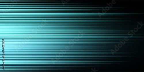 Abstract glowing light blue lines on a black background, luminous shining rays, neon light flares effect, horizontal bright glowing streaks - vector