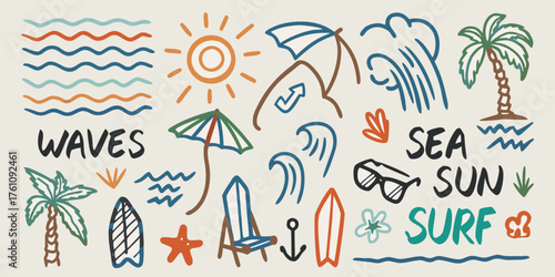 Hand drawn doodle collection of summer beach vacation elements including waves sun palm trees and surfboards