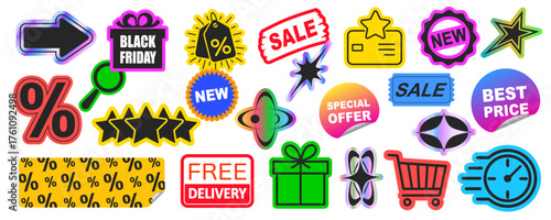 Y2k label stickers dedicated to sales, Black Friday, percentage discounts elements, online shop badge, shopping symbol