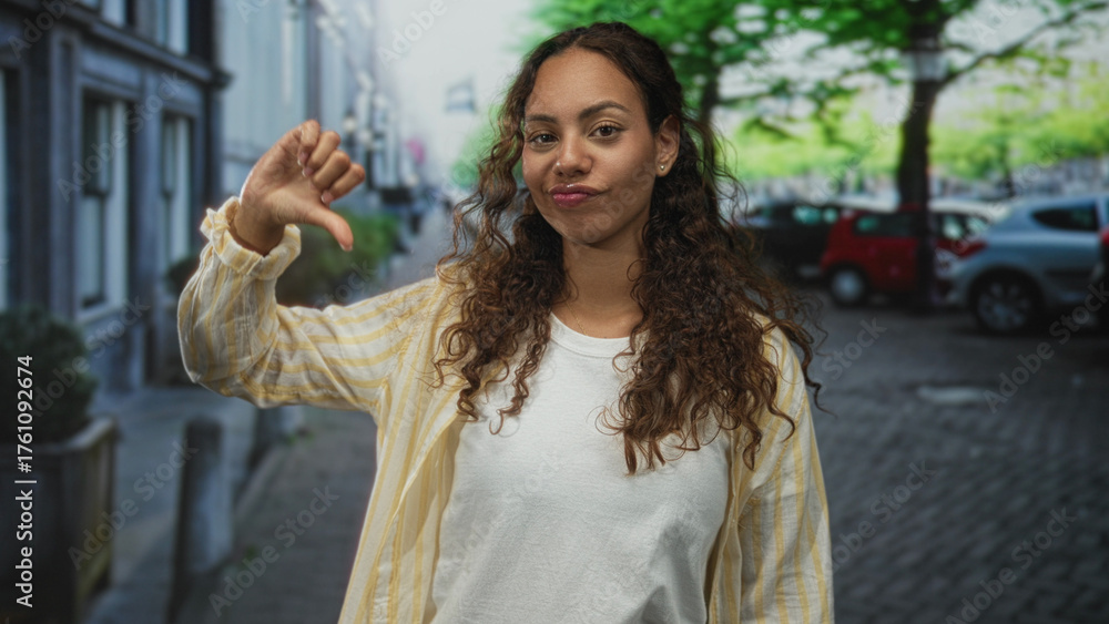 Fototapeta premium Young african american woman showing thumbs down with hand raised on city street near parked cars and trees, casual shirt and neutral expression; disapproval rejection critique.
