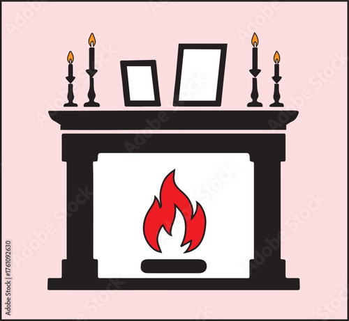 Black fireplace with burning red flames and two empty picture frames on mantelpiece with lit candles