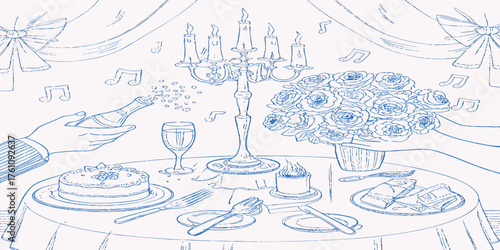 Romantic dinner celebration with champagne roses and cake in candlelight