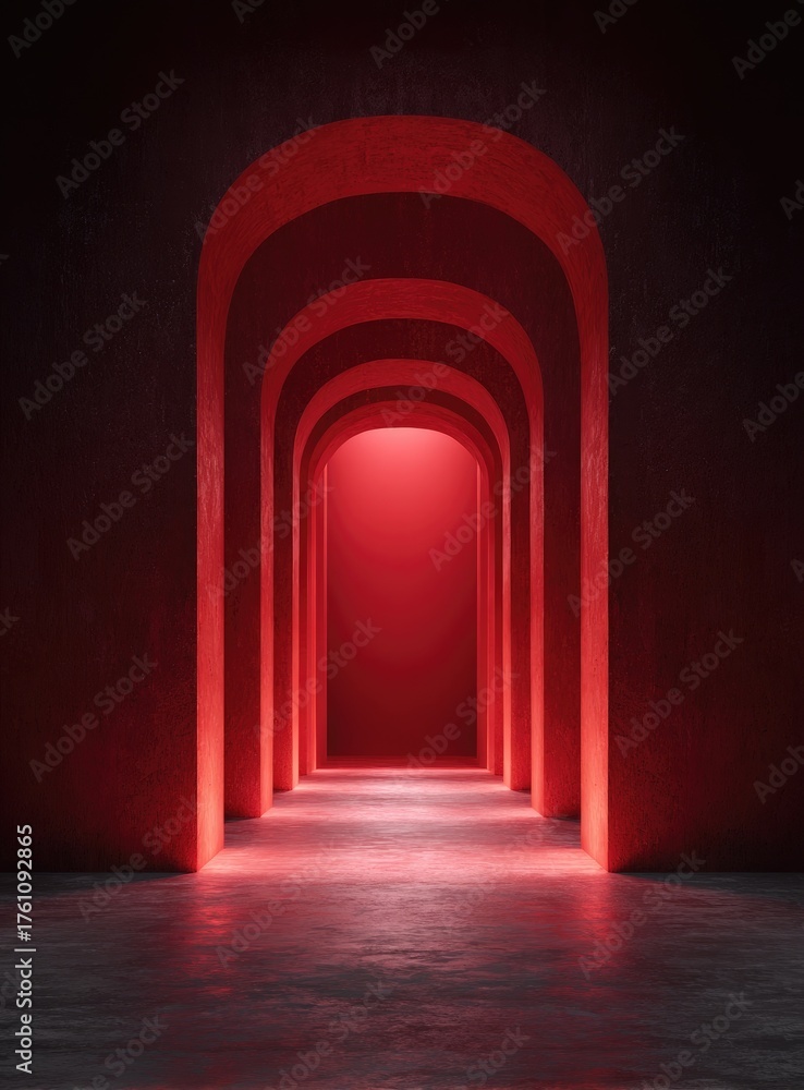 Fototapeta premium Dimly lit arched corridor with red glow and textured walls.