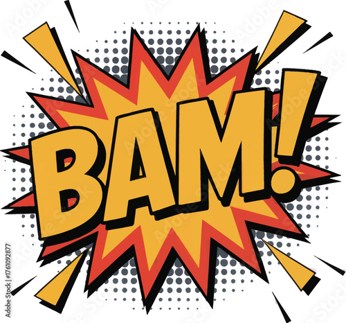 Retro comic book explosion effect with “BAM!” text, vibrant orange and black, perfect for action graphics and pop art designs. isolated on white background
