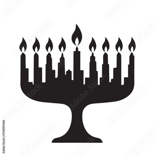 Black silhouette of a nine-branched menorah with lit candles on a white background hanukkah light