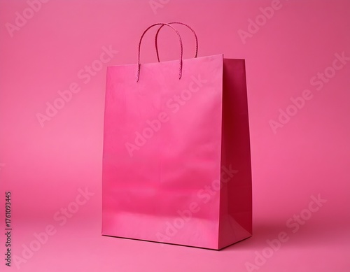 Pink paper shopping bag with handles. Isolated. Woman or mother day, girl power feminism