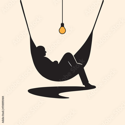 Black silhouette of a person relaxing in a hammock under a single yellow light bulb with a long shadow