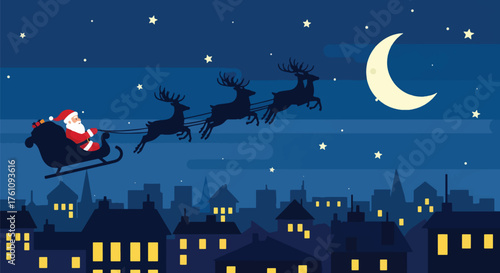 Flat style vector of Santa flying his sleigh over snowy city rooftops under starry sky, joyful and magical Christmas night scene