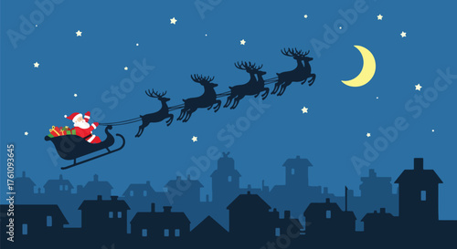 Flat style vector of Santa flying his sleigh over snowy city rooftops under starry sky, joyful and magical Christmas night scene