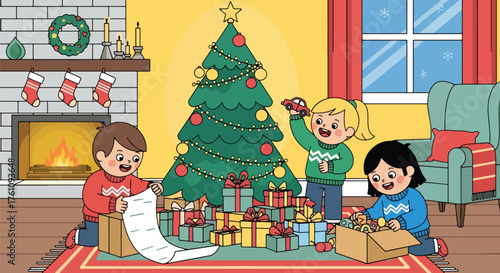 Flat vector of excited kids opening Christmas gifts under tree in bright morning light, joyful family holiday celebration