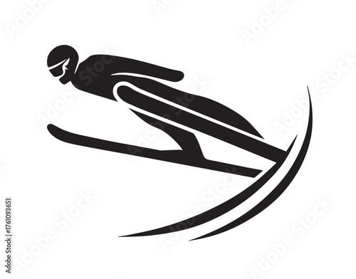 Black silhouette of a ski jumper in mid-air with skis extended and curved lines suggesting motion ski jumper silhouette