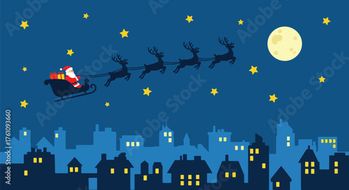 Flat style vector of Santa flying his sleigh over snowy city rooftops under starry sky, joyful and magical Christmas night scene