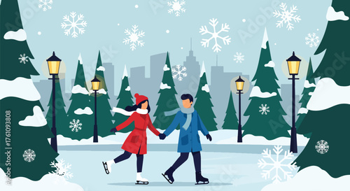 Romantic flat vector of couple ice-skating in snowy park under lights and pine trees, winter love and holiday mood