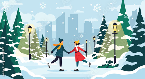 Romantic flat vector of couple ice-skating in snowy park under lights and pine trees, winter love and holiday mood