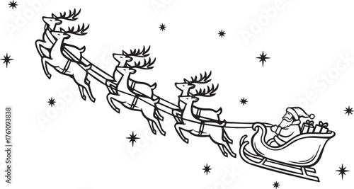 Classic black and white illustration of santa claus flying in his sleigh pulled by reindeer through a starry night sky