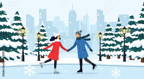 Romantic flat vector of couple ice-skating in snowy park under lights and pine trees, winter love and holiday mood