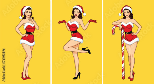 Vector art of three pin-up sexy women in festive Santa dresses and hats posing cheerfully on a bright background, ideal for Christmas marketing, holiday invitations, or seasonal promotions
